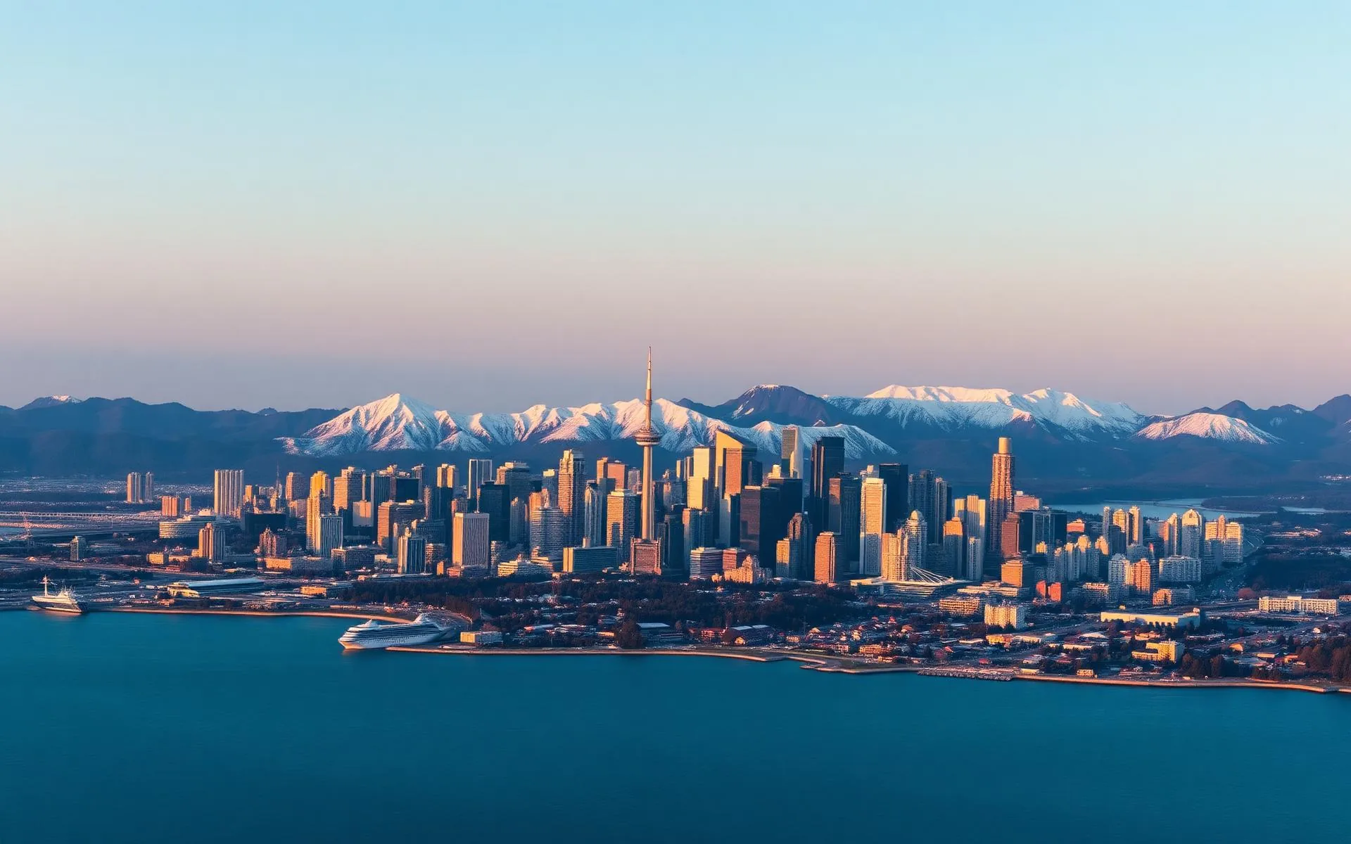 Aerial view of a British Columbia skyline meeting snow-capped coastal mountains